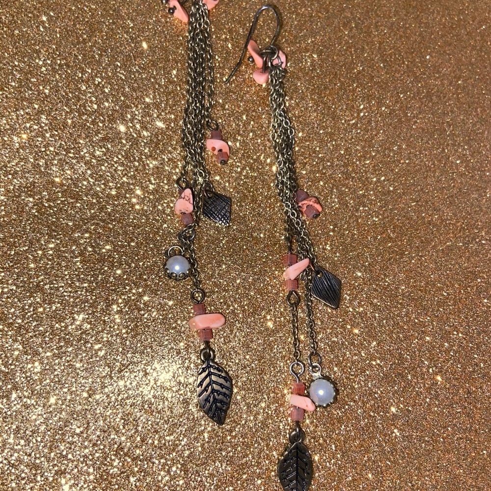 Gold feather, coral stones, & pearl earrings